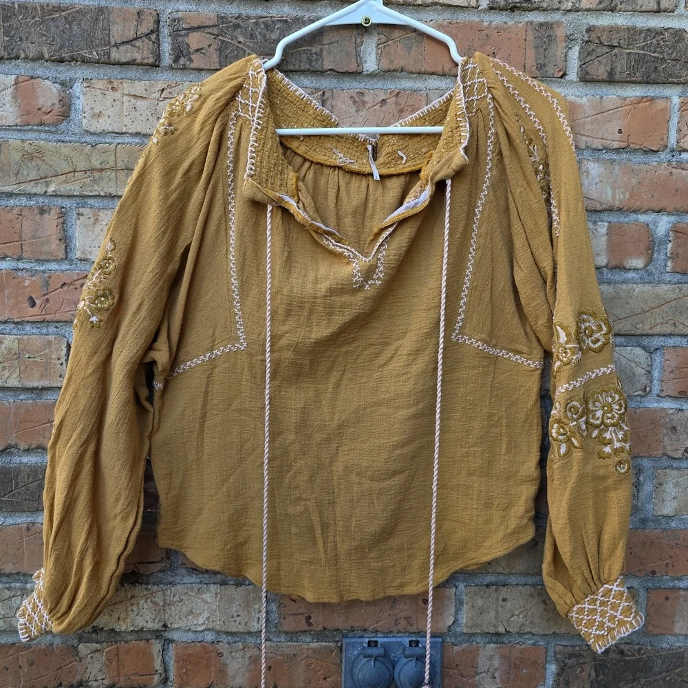 Free People Mustard Embroidered Blouse